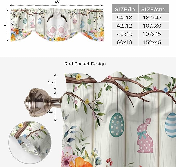 Easter Tie Up Valance Curtains for Windows, Kitchen Curtains Window Shades, Spring Farmhouse Watercolor Bunny Eggs Wood Grain Light Filtering Roman Curtain Valances for Bedroom/Bathroom/Cafe 42"x18"