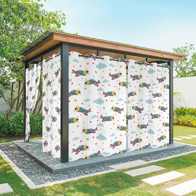 Turquoise Airplane Waterproof Outdoor Curtains for Patio,Windproof Weatherproof Curtains with Weighted Hem,Modern Art Cartoon Aircraft Clouds Light Filtering Privacy Drapes for Porch 54"x 84" 2 Panels
