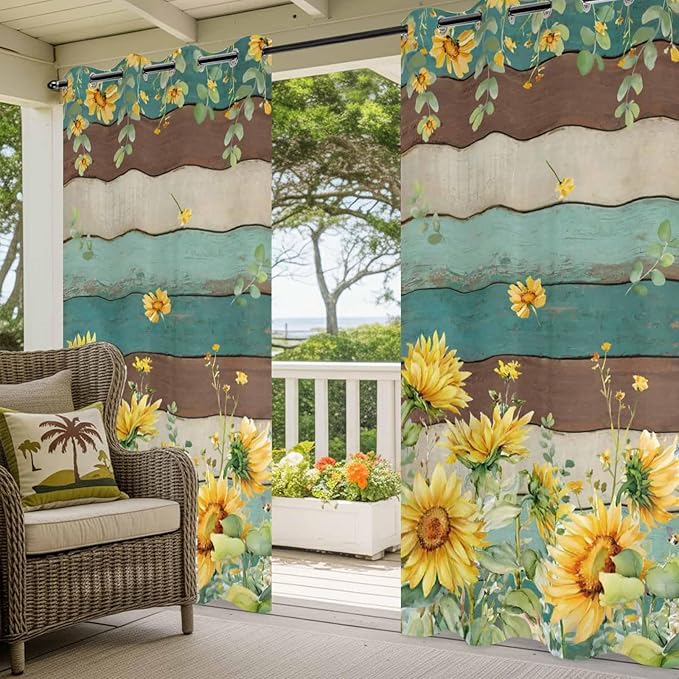 Sunflowers Outdoor Curtains for Patio Summer Floral Eucalyptus Leaves Vintage Wood Waterproof Outside Curtains with Grommet Top Weatherproof Curtain for Cabana Pergola Gazebo, 2 Pack, 54" W x 95" L