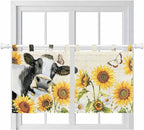 Yellow Sunflowers Kitchen Curtains 24 Inch Length, Small Window Curtains Tab Top, Country Cow Flower Butterfly Farmhouse Cream Light Filtering Short Window Treatments Tier Drapes 27.5"x24" 2 Panel