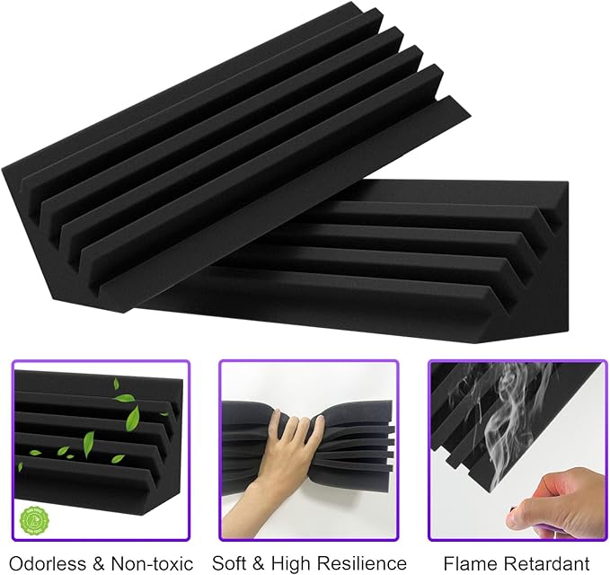 TroyStudio Bass Traps - 24 Pcs 4 X 4 X 12 Inches Dense Thick Studio Bass Foam Corner, Acoustic Treatment Panel Absorbing Echo Reverb, Low Frequency Sound Absorber for Music Room Home Recording