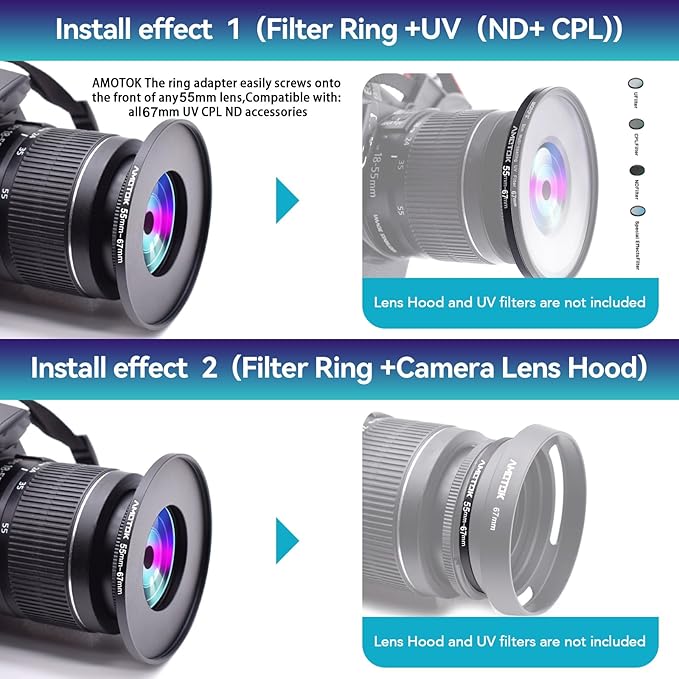 55mm Lens to 67mm Camera Lens Adapter,55mm to 67mm Filter Step-up Ring Adapter Ring,Compatible All 67mm Filter Accessory