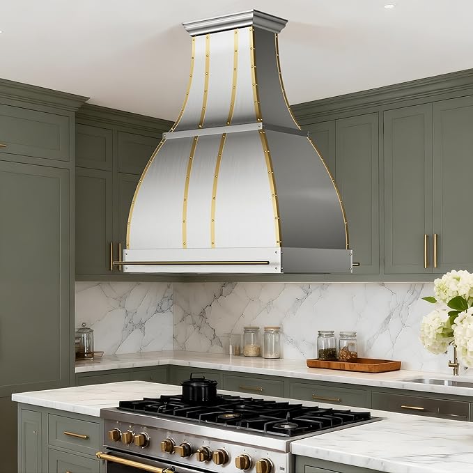 CHETTO C Stainless Steel Range Hood Cover with Quiet Vent Hood Insert Custom Handcrafted Metal Kitchen Fan with Towel Rack LED Light 48"W x27"D x36"H Brushed Stainless Steel Island Mount