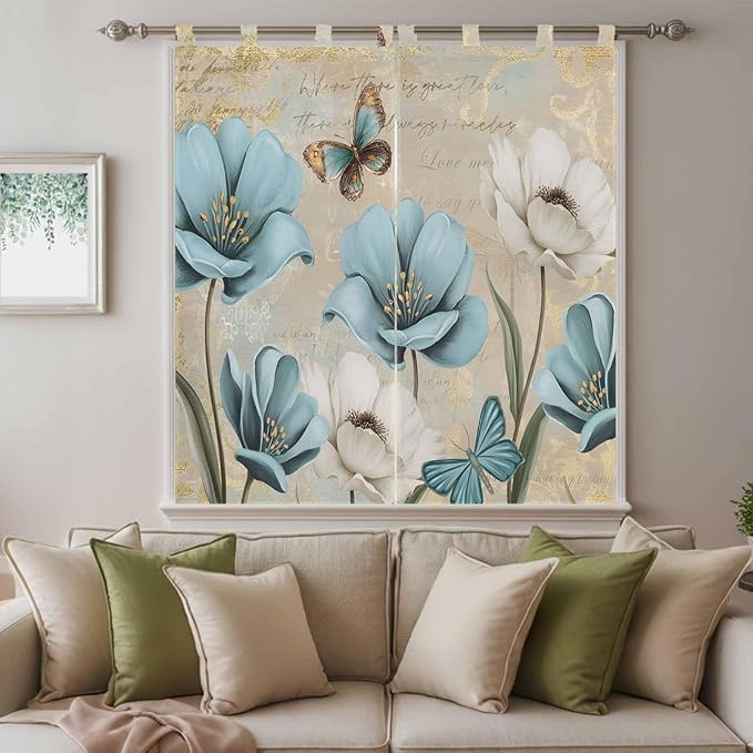 Spring Flowers Bedroom Curtains 72 Inch Length, Window Curtains Tab Top, Vintage Rustic Tulips Floral Butterfly Khaki Light Filtering Window Treatments Drapes 52"x72" 2 Panel