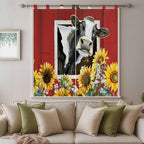 Cows Sunflowers Bathroom Curtains 63 Inch Length, Window Curtains Tab Top, Spring Botanical Floral Bees Red Barn Light Filtering Window Treatments Drapes 52"x63" 2 Panel