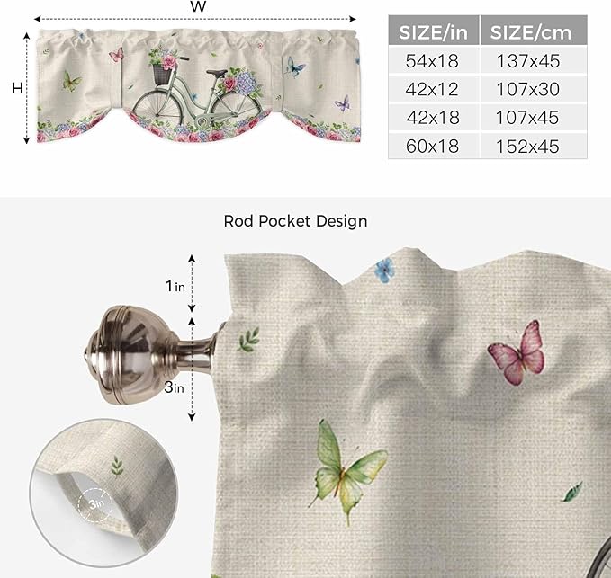 Farmhouse Spring Tie Up Valance Curtains for Windows, Kitchen Curtains Window Shades, Retro Bicycles Flowers Vines Butterfly Light Filtering Roman Curtain Valances for Bedroom/Bathroom/Cafe 54"x18"