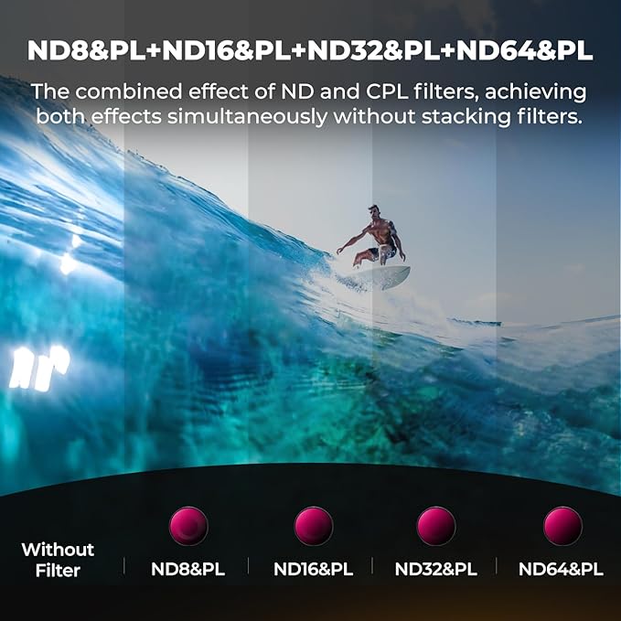 K&F CONCEPT ND/PL Filter Kit Compatible with DJI Osmo Action 6, 4Pack ND8/PL ND16/PL ND32/PL ND64/PL Screw On Polarizing Neutral Density Filter HD Optical Glass/Multi-Coated Action Camera Accessories