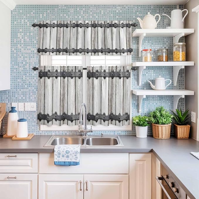 Farmhouse Rustic Kitchen Curtain Set, Vintage Country Wooden Grain Window Valance and Tiers 24" Length, Light Filtering Short Curtains Valance for Cafe Bathroom Bedroom 54"x18"