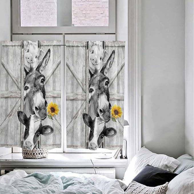Grey Farmhouse Kitchen Curtains 45 Inches Length, Vintage Sunflowers Animals Printed Window Treatment Curtain Drapes, Lightweight Window Panels for Living Room Bedroom, 52"x45", 2 Panels