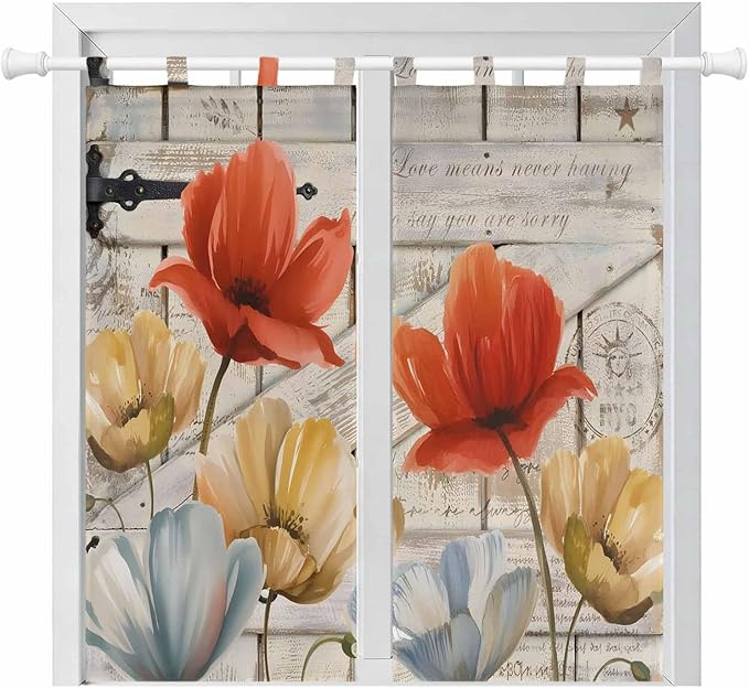 Retro Floral Bedroom Curtains 72 Inch Length, Window Curtains Tab Top, Red Yellow Tulips Barm Doors Farmhouse Wooden Light Filtering Window Treatments Drapes 52"x72" 2 Panel