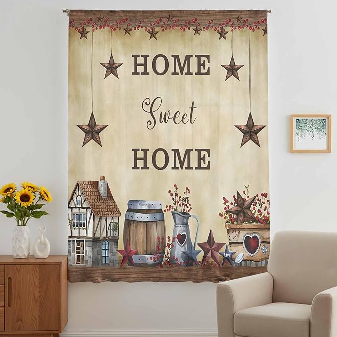 Farm Sheer Curtains 45 Inch Length American Country Barn Star Vintage Berry Brown Chiffon Curtain for Bedroom Living Room Light Filtering Rod Pocket Window Treatments Voile Curtains Drapes for Kitchen