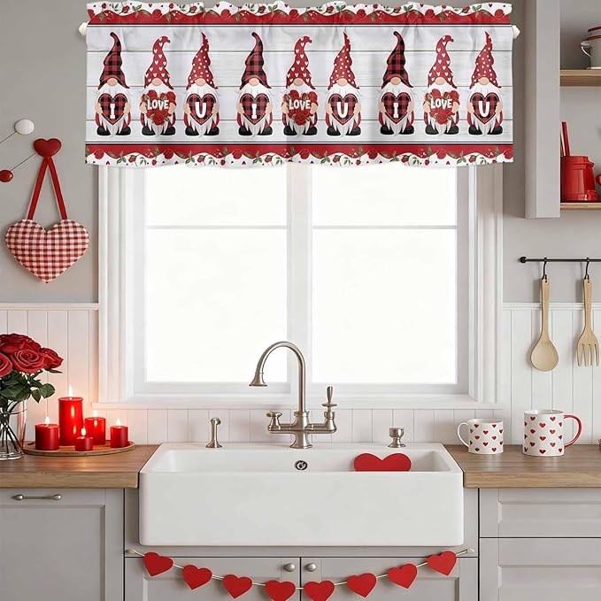 I Love U Valance Curtains for Kitchen, Valentine's Day Dwarf Romantic Wood Grain Privacy Rod Pocket Valance Curtain, Light-Filtering Window Treatment for Bedroom Bathroom, 42"x18"