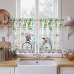Spring Kitchen Curtains, Bicycles Botanical Leaves Rose Colorful Stripes Light Filtering Window Curtain Panels, 2Pcs Rod Pocket Window Treatments Set for RV Dining Room Study Room 42x45 Inches