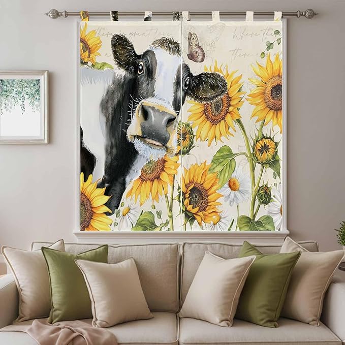 Yellow Sunflowers Bedroom Curtains 72 Inch Length, Window Curtains Tab Top, Country Cow Flower Butterfly Farmhouse Cream Light Filtering Window Treatments Drapes 52"x72" 2 Panel