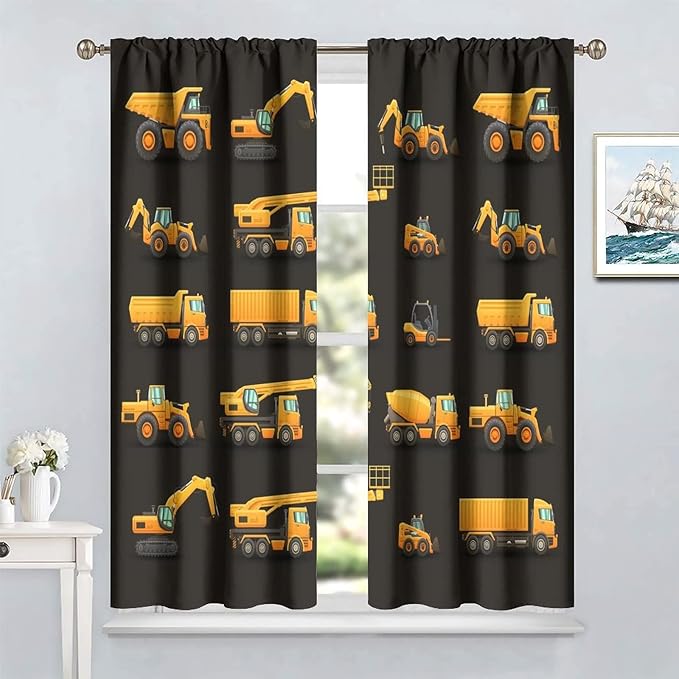 Kids Construction Window Curtains, Construction Machinery Equipment Mode of Transport Bulldozer Tractor Windows Curtain for Children Teens Room Decor 42x54in (30% Blackout)