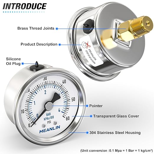 MEANLIN MEASURE 0~60Psi Dry Pressure Gauge Stainless Steel 1/4"NPT 2"FACE DIAL Waterproof for Pool Filter Pump Water Air Compressor Tire Pressure Tester Back Mount with 1/2"NPT and 3/8"NPT Hex Bushing