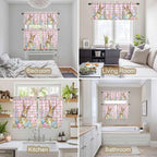 Kitchen Curtains Tiers and Valance Set of 3, Easter Light Filtering Window Curtain Set, Spring Rabbit Eggs Nature Botanicals Pink Plaid Rod Pocket Curtain Drapes for Cafe, Living Room, 24 Inches Tiers
