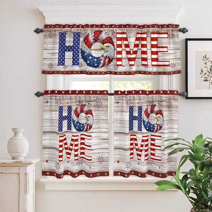4th of July Kitchen Curtains Set 3 Piece for Windows,Rod Pocket Valance and Tier Set 24 Inch Length,Stars Striped Farmhouse American Flag Wood Grain Light Filtering Cafe Curtains for Living Room