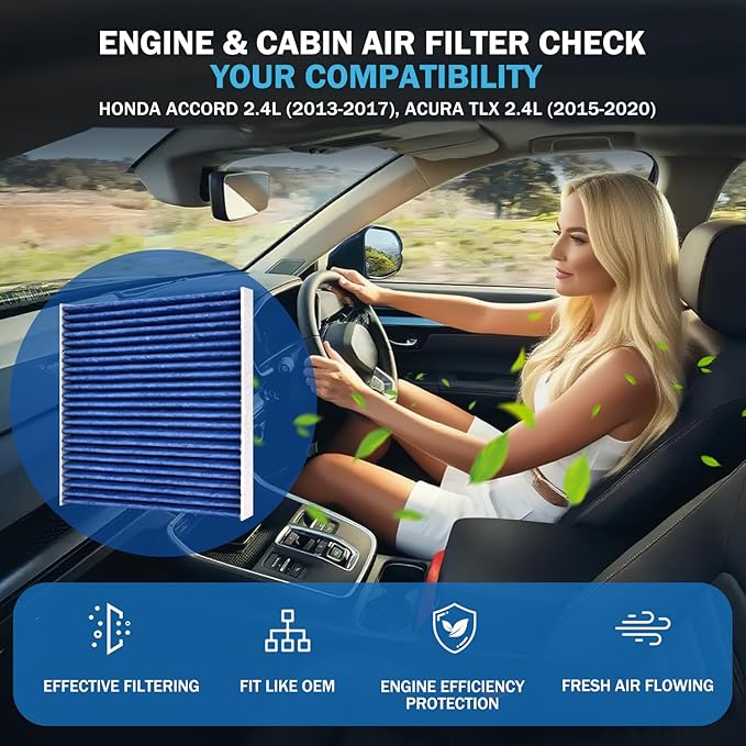 1pc Cabin & 1pc Engine Air Filter Kit Accessories for Honda Accord 2.4L (2013-2017), Acura TLX 2.4L (2015-2020) Activated Carbon Automotive Engine Cabin Air Filter Replacement for CF10134 CA11476