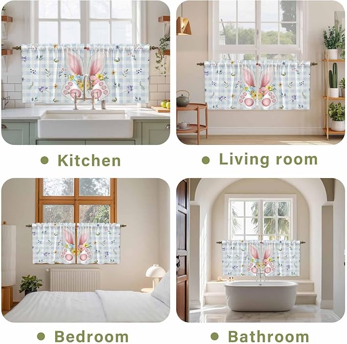 Easter Kitchen Tier Curtains 36 Inch Long 2 Panel Set,Rod Pocket Half Window Curtains Over Sink,Spring Rabbits Ears Feet Floral Blue Lattice Light Filtering Short Drapes Cafe 27.5"W x 36"L
