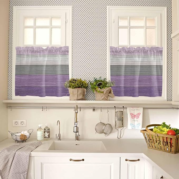 Country Wood Board Gray Purple Window Valance Curtains, Farmhouse Gradient Plank Light Filtering Kitchen Valance with 3-inch Rod Pocket for Living Room Bathroom Bedroom,2 Panel,27.5x24In