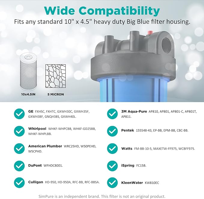 SimPure Whole House Water Filter Cartridges 5 Micron 10" x 4.5" PP+CTO 2-Stage Sediment and Carbon Filter Set, for DB10C-2, DB10P, GE FXHTC, GXWH40L, WGB21B, FP15B, FC15B, 2 Sets