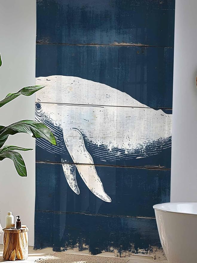 Sheer Curtains 108 Inches Long, Ocean Whale Blue Semi Sheer Curtains Light Filtering Window Treatment, Watercolor Coastal Vintage Wood Grain Privacy Voile Drapes for Living Room Bedroom 52x108 Inch