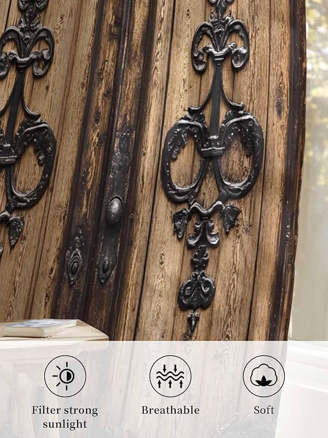Sheer Curtains 84 Inches Long, Barn Door Semi Sheer Curtains Light Filtering Window Treatment, Farmhouse Wooden Grain Rustic Tribal Pattern Privacy Voile Drapes for Living Room Bedroom 52x84 Inch