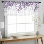 Eucalyptus Leaves Sheer Valance Curtains, Purple Leaves Idyllic Winds Farmhouses Light Filtering Kitchen Valances Rod Pocket Voile Curtain Window Treatment for Bedroom/Living Room/Basement 42Wx12L