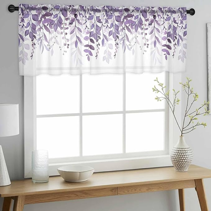 Eucalyptus Leaves Sheer Valance Curtains, Purple Leaves Idyllic Winds Farmhouses Light Filtering Kitchen Valances Rod Pocket Voile Curtain Window Treatment for Bedroom/Living Room/Basement 54Wx18L