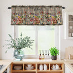 Kitchen Curtains Tiers and Valance Set of 3, Spring Flowers Light Filtering Window Curtain Set, Farmhouse Vintage Black Plaid Wood Grain Rod Pocket Curtain Drapes for Living Room, 24 Inches Tiers