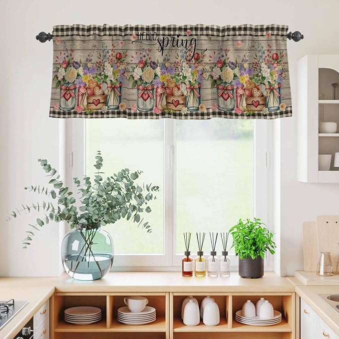 Spring Flowers Kitchen Curtains Set 3 Piece for Windows, Rod Pocket Valance and Tier Set 36 Inch Length, Farmhouse Vintage Black Plaid Wood Grain Light Filtering Cafe Curtains for Living Room Bathroom