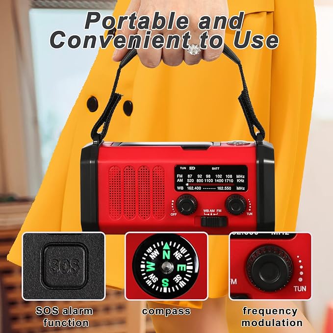 Emergency Crank Radio10000mAh/37000mWh AM/FM/NOAA Weather Radio, Solar/Hand Crank/USB Charging, LED Flashlight and Cell Phone Charger for Valentines Day Gifts Outdoor, Camping & Home Emergencies