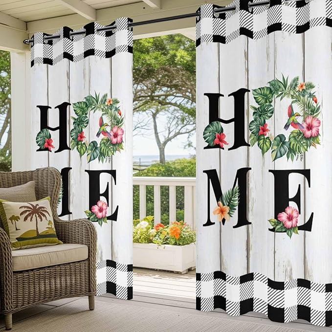 Summer Outdoor Curtains for Patio Leaves Garland Plumeria Wood Buffalo Plaid Waterproof Outside Curtains with Grommet Top Weatherproof Curtain for Cabana Pergola Gazebo, 1 Panel, 54" W x 95" L