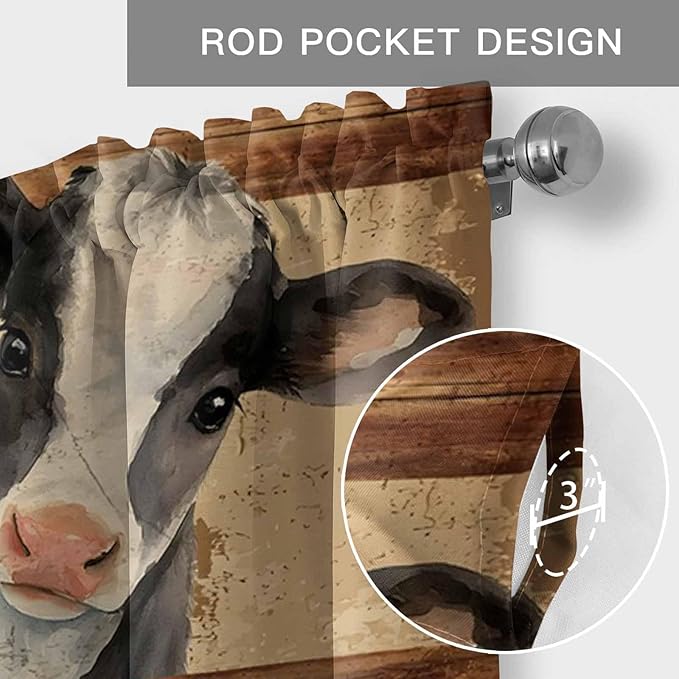 Farmhouse Cow Curtain Valances for Windows, Kitchen Valance Window Treatment, Country Vintage Animals Wooden Grain Light Filtering Block Curtains for Bathroom/Bedroom/Living Room 42'' x 18''