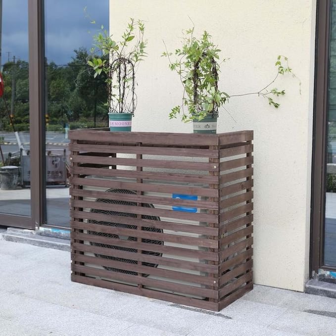 Wood Air Conditioner Fence Screen - Hide Outdoor Unit Stylishly with Tall Weatherproof Shutters Central Air Conditioner Covers (Brown L120Xw60Xh105Cm)