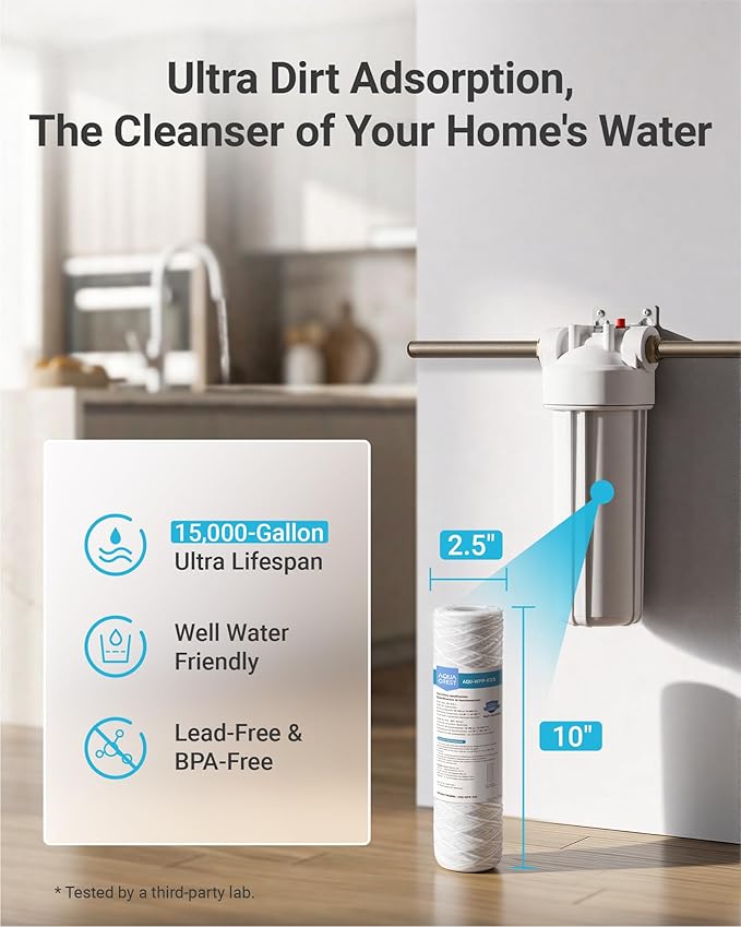 AQUA CREST AP110 5 Micron 10"x2.5" String Wound Whole House Water Filter Replacement for 3M® Aqua-Pure AP110, Culligan® P5, APEC, GE FXUSC, Whirlpool®, Any 10" x 2.5" Home Water Filter, Pack of 6