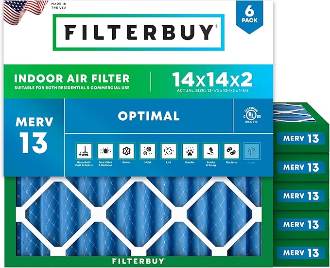 Filterbuy 14x14x2 Air Filter MERV 13 Optimal Smoke & Allergy Defense (6-Pack), Electrostatic Pleated HVAC AC Furnace Filters Replacement, Made in USA (Actual Size: 13.50 x 13.50 x 1.75)