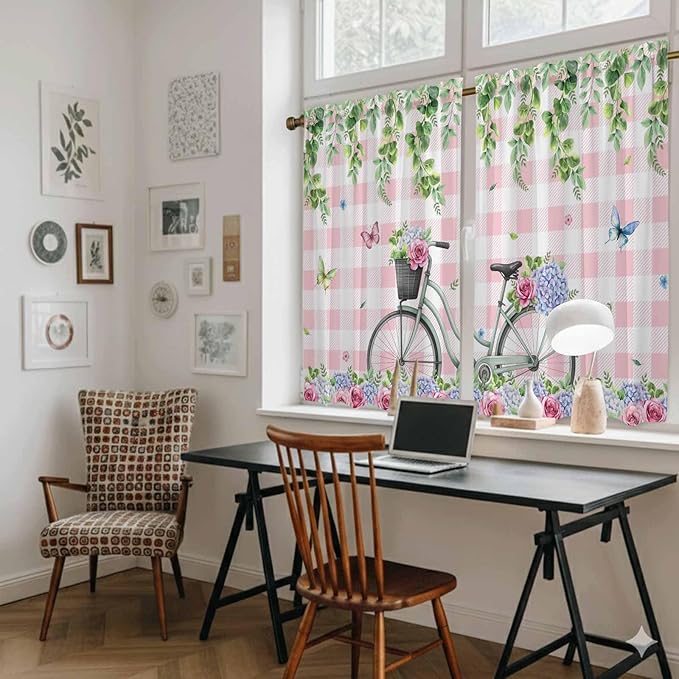 Spring Kitchen Curtains, Bicycles Leaves Butterfly Flowers Pink Buffalo Plaid Light Filtering Window Curtain Panels, 2Pcs Rod Pocket Window Treatments Set for RV Dining Room Study Room 42x45 Inches