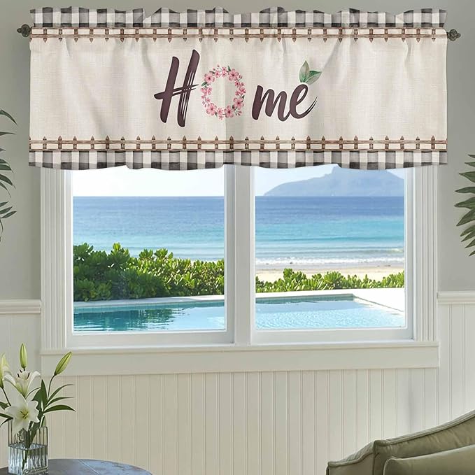 Spring Flowers Curtain Valances for Windows, Kitchen Valance Window Treatment, Vintage Watercolor Black Plaid on Linen Light Filtering Block Curtains for Bathroom/Bedroom/Living Room 54'' x 18''