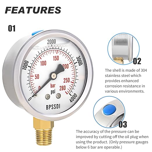0-4000 Psi Glycerin Liquid Filled Hydraulic High Pressure Gauge, 2.5" Dial Size, 1/4" NPT Lower Mount, 304 Stainless Steel Case, for Water Oil Air Gas Pressure Test