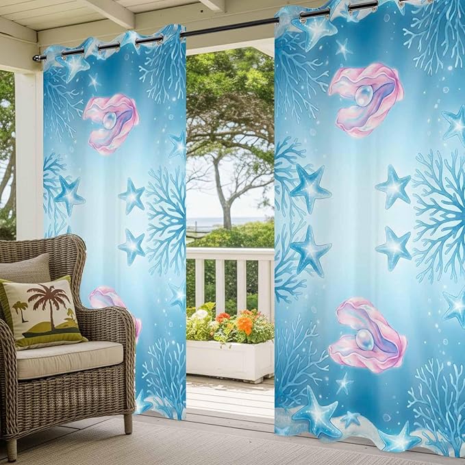 Ocean Shell Outdoor Curtains for Patio Corals Starfish Summer Marine Waterproof Outside Curtains with Grommet Top Weatherproof Curtain for Cabana Pergola Gazebo, 1 Panel, 54" W x 95" L