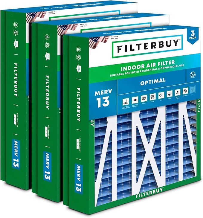 Filterbuy 21x23.5x5 Air Filter MERV 13 Optimal Smoke & Allergy Defense (3-Pack), Pleated HVAC AC Furnace Filters for Trane Perfect Fit & American Standard (Actual Size: 20.00 x 23.09 x 4.97)