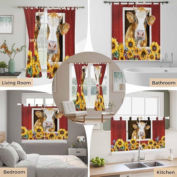 Cows Sunflowers Kitchen Curtains 36 Inch Length, Small Window Curtains Tab Top, Spring Floral Bees Farmhouse Barn Light Filtering Short Window Treatments Tier Drapes 27.5"x36" 2 Panel