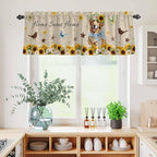 Kitchen Curtains Tiers and Valance Set of 3, Sunflowers Dog Light Filtering Window Curtain Set, Spring Watercolor Floral Stars on Linen Rod Pocket Curtain Drapes for Cafe, Living Room, 36 Inches Tiers