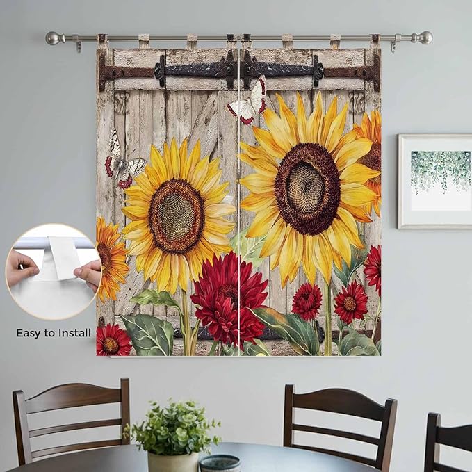 Sunflowers Bathroom Curtains 63 Inch Length, Window Curtains Tab Top, Retro Flower Barn Doors Butterfly Farmhouse Brown Light Filtering Window Treatments Drapes 52"x63" 2 Panel
