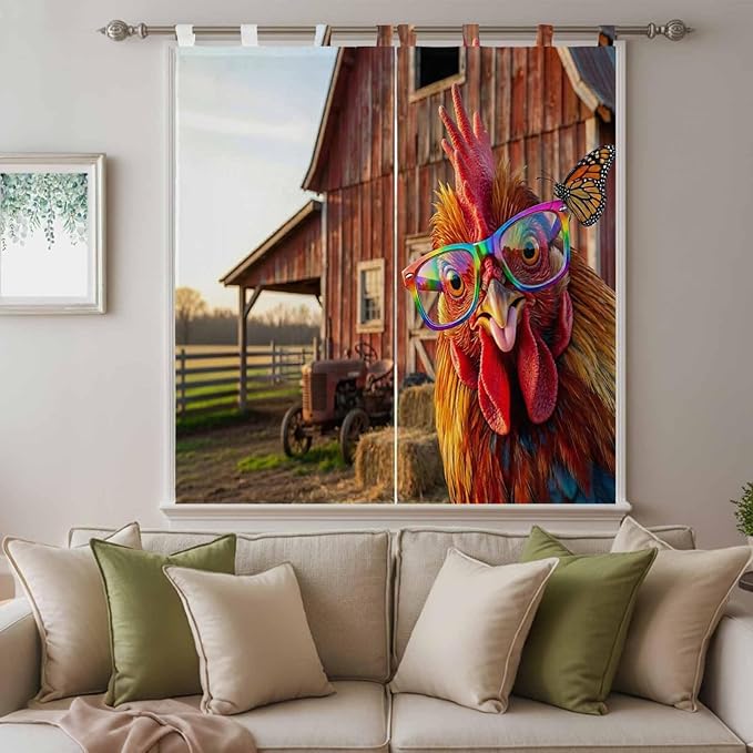 Farm Rooster Living Room Curtains 84 Inch Length, Window Curtains Tab Top, Farmhouse Barn Funny Animals Butterfly Light Filtering Window Treatments Drapes 42"x84" 2 Panel