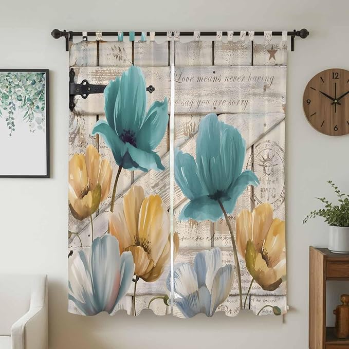Watercolor Flowers Living Room Curtains 96 Inch Length, Window Curtains Tab Top, Vintage Tulips Floral Barn Doors Wood Grain Light Filtering Window Treatments Drapes 52"x96" 2 Panel