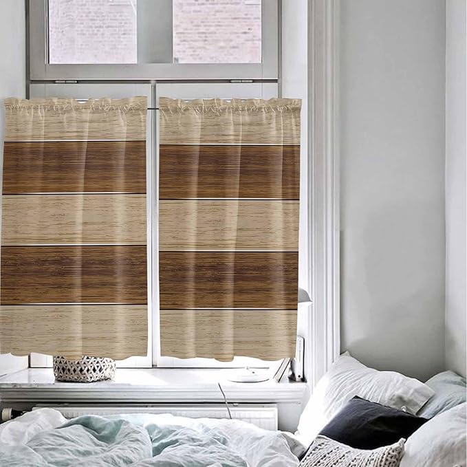 Retro Country Brown Wooden Board Window Valance Curtains, Farmhouse Gradient Plank Light Filtering Kitchen Valance with 3-inch Rod Pocket for Living Room Bathroom Bedroom,2 Panel,27.5x45In