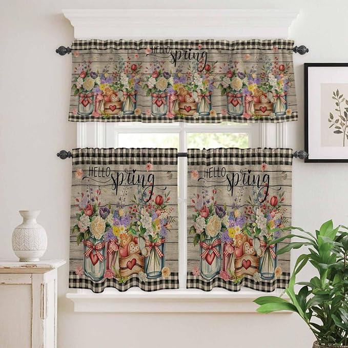 Spring Flowers Kitchen Curtain Set, Farmhouse Vintage Black Plaid Wood Grain Window Valance and Tiers 24" Length, Light Filtering Short Curtains Valance for Cafe Bathroom Bedroom 54"x18"